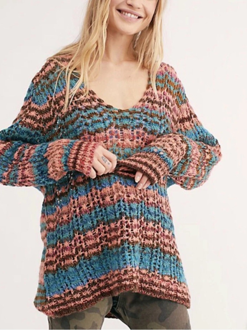 Free People Spell On You Crochet Sweater Slouchy Knit Bohemian Oversized Large